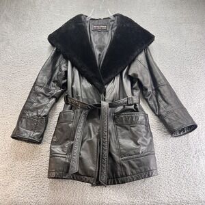Wilson's 100% Leather Faux Fur Lined Hooded Zip Jacket Black Women's Size Large